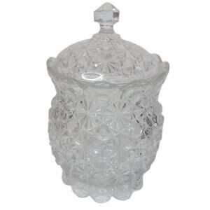 Vintage Clear Pressed Glass Trinket Jar with Lid Diamond Cut Crystal Candy Dish